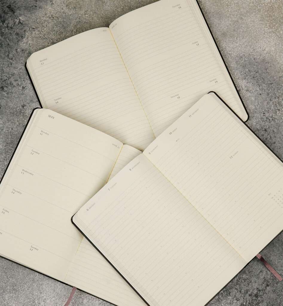 týždenník s priestorom pre poznámky a horizontálny týždenný plánovač na celý týždeň a vertikálny plánovač rozdelený podľa blokov dňa