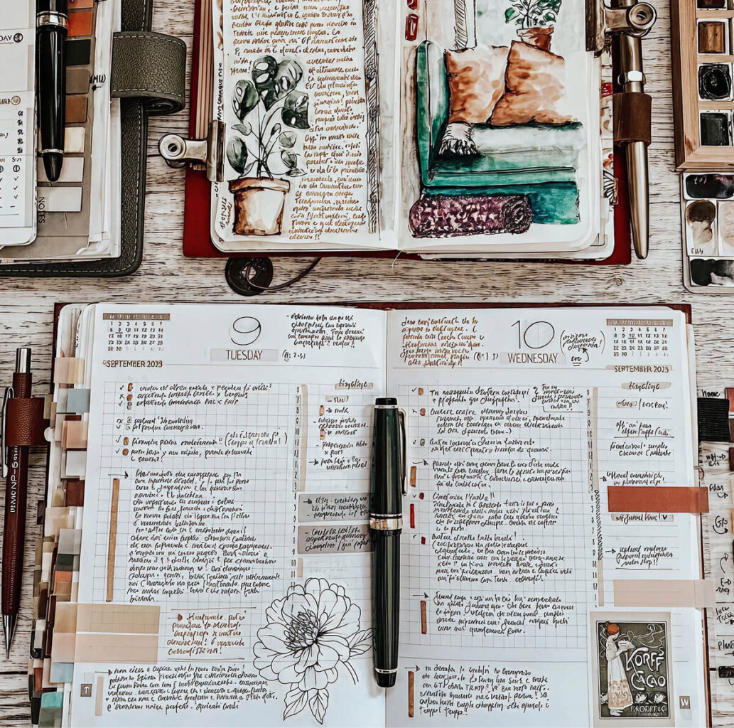 kreatívny denník s poznámkami, kresbami a nápadmi