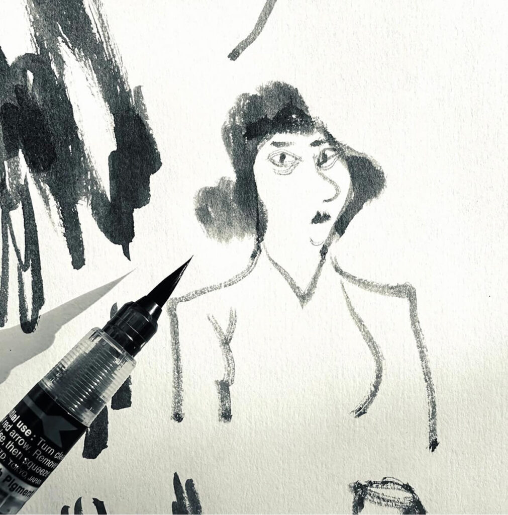 kresba vytvorená štetcovým popisovačom na papieri