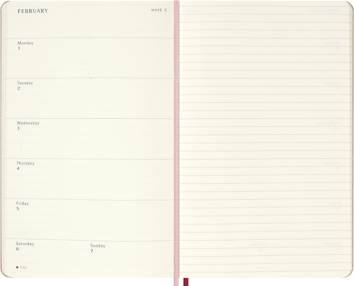 datovaný týždenný rozvrh Moleskine Sakura, prehľad týždňa a poznámky